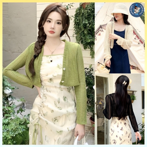[A201] Áo khoác len LƯỚI Montoghi CÀI NÚT TIM dệt kim tay dài dáng lửng Quảng Châu xinh xắn - L2M