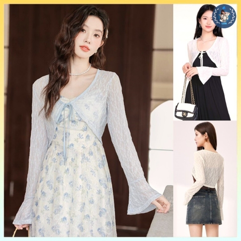 [A323] Áo khoác len mỏng Cardigan CỘT NƠ TAY LOE dệt kim Quảng Châu dài chống nắng xinh xắn - L2M (Sale)