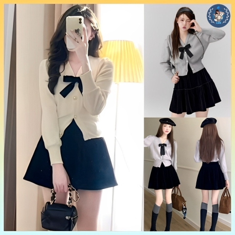 [A281] Áo KHOÁC len dệt kim cardigan CÀI NƠ ĐEN TO tay dài phối NÚT TIM mặc 2 KIỂU sang trọng - L2M  (Hot)