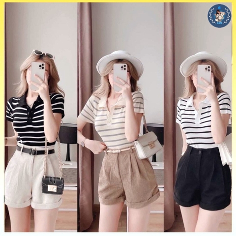 [A098] Áo len thun nữ Montoghi dệt kim Quảng Châu logo ONG CD kẻ sọc polo phối nút xinh - L2M