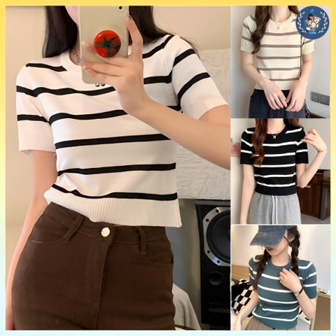 [A176] Áo len thun Montoghi dệt kim KẺ SỌC 1111 tay ngắn hàng Quảng Châu kiểu dáng thanh lịch - L2M