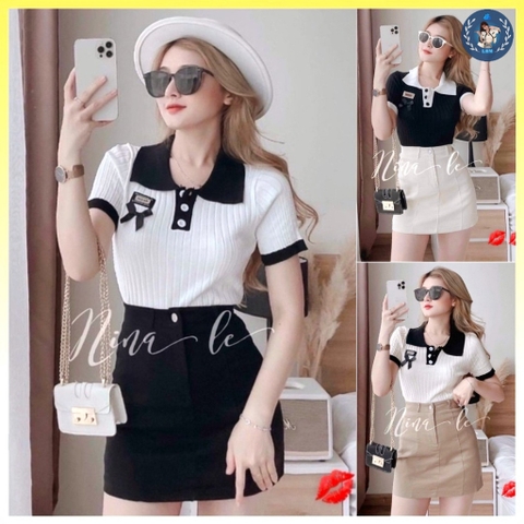 [A108] Áo len thun Montoghi dệt kim cổ polo TAG CÀI NƠ dáng BabyTee hàng Quảng Châu xinh xắn - L2M