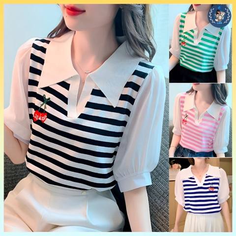 [A145] Áo len thun nữ Montoghi dệt kim LOGO CHERRY phối TAY PHỒNG họa tiết kẻ sọc xinh xắn - L2M (Sale)