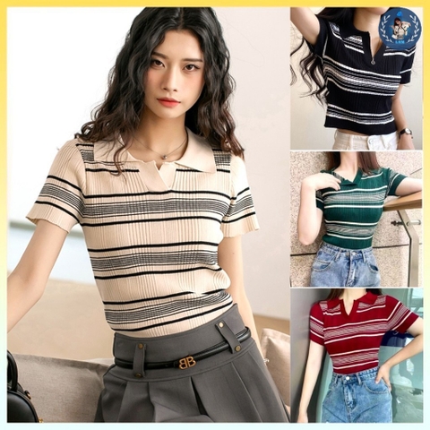 [A117] Áo len thun nữ Montoghi dệt kim KẺ NGANG 2 MÀU cổ đức thanh lịch và năng động - L2M