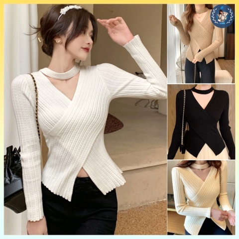 [A236] Áo len thun nữ Montoghi dệt kim VẠT ĐẮP CHÉO phối CHOKER tay dài Quảng Châu sang trọng - L2M