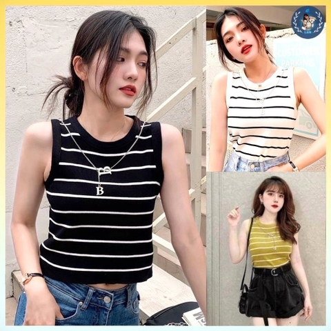 [A008] Áo len thun dệt kim Montoghi Quảng Châu ba lỗ KẺ SỌC dáng vừa TẶNG KÈM VÒNG CỔ CHỮ B - L2M