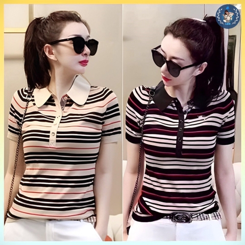 [A143] Áo len thun Montoghi dệt kim SỌC PHỐI LINE ĐỎ Quảng Châu kiểu dáng thanh lịch - L2M