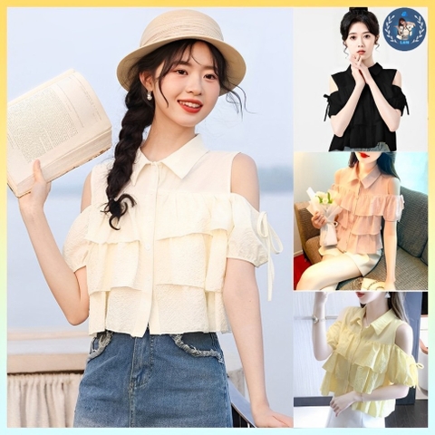 [A286] Áo sơ mi kiểu nữ 3 TẦNG HỞ VAI phối nơ tay ngắn cổ polo hàng Quảng Châu xinh xắn - L2M (Sale)