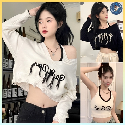 [A194] Set (2 MÓN) áo len thun Montoghi CỔ V TUA RUA tay dài kèm áo YẾM Cardigan dệt kim xinh - L2M  (Hot)
