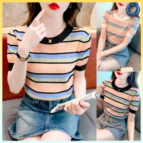 [A199] Áo len thun Montoghi dệt kim SỌC GÂN VUÔNG cổ tròn tay ngắn QC nhiều màu sắc tươi tắn - L2M