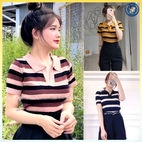 [A115] Áo len thun Montoghi dệt kim cổ đức SỌC 3 MÀU phối ĐỀU phong cách Quảng Châu cực xinh - L2M