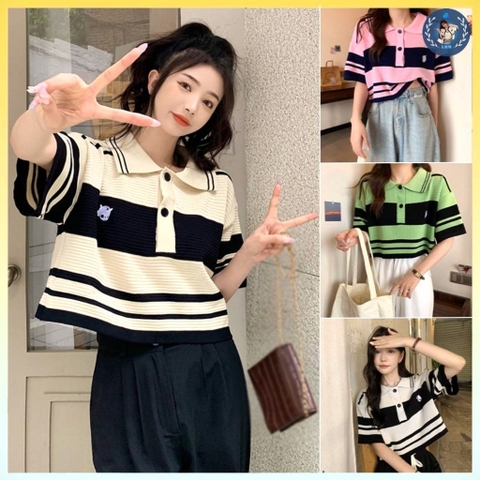 [A049] Áo len thun nữ Montoghi dệt kim polo cộc tay DÁNG RỘNG kẻ sọc RETRO có LOGO trẻ trung - L2M