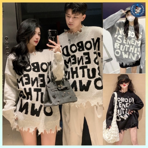 [A230] Áo len thun nữ Montoghi dệt kim DÁNG DÀI IN CHỮ phối RÁCH LAI TUA phom rộng siêu hot - L2M  (Hot)