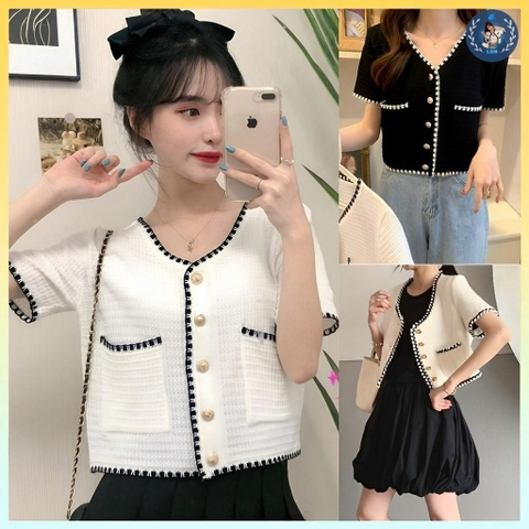 [A184] Áo len thun nữ Montoghi dệt kim VIỀN kiểu VẮT SỔ tay ngắn có túi thanh lịch sang trọng - L2M (Sale)