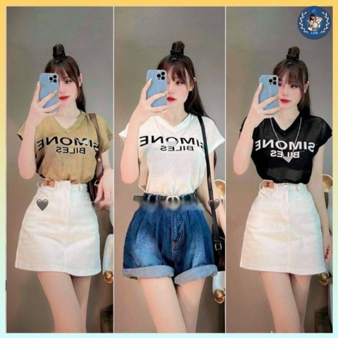 [A005] Áo len LƯỚI nữ Montoghi dệt kim in chữ SIMONE BILES tay hến cổ V Quảng Châu xinh xắn - L2M (Sale)