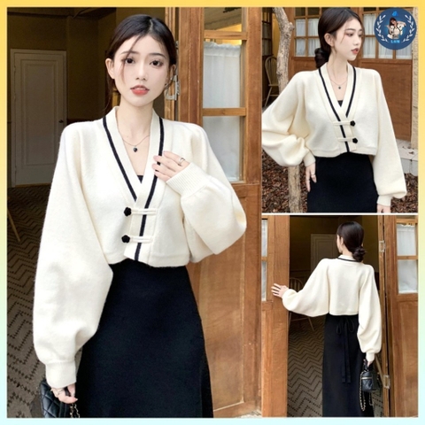 [A242] Áo KHOÁC len nữ cardigan QC dệt kim croptop VIỀN CÀI 2 NÚT HOA kiểu dáng sang trọng - L2M  (Hot)
