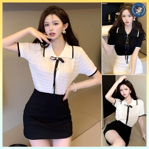 [A054] Áo len thun nữ Montoghi dệt kim Quảng Châu KÈM NƠ NHỎ gân ô polo phối viền cộc tay hot - L2M (Hot)