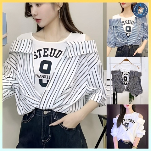 [A293] Áo len nữ Montoghi IN CHỮ RỚT VAI phối sơ mi TAY NGẮN Quảng Châu kiểu dáng độc đáo - L2M