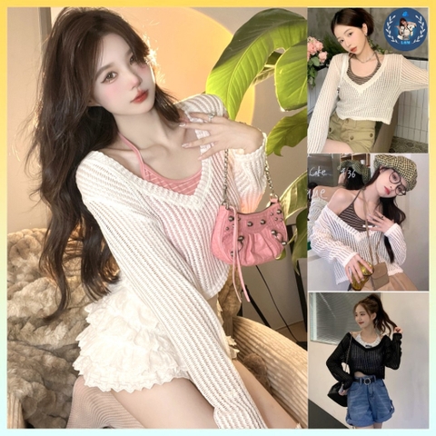 [A171] SET (2 MÓN) áo len LƯỚI kèm áo YẾM kẻ SỌC CỔ TIM Montoghi loại 1 thời trang xinh xắn - L2M  (Hot)