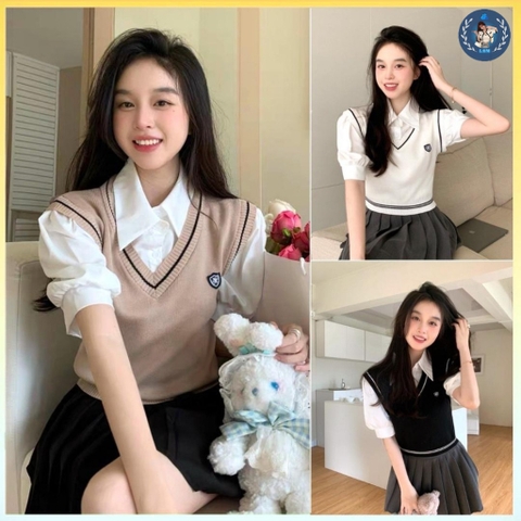 [A003] Áo len nữ Montoghi GILE kiểu 2 LỚP phối cổ sơ mi tay phồng dệt kim Quảng Châu xinh xắn - L2M  (Hot)