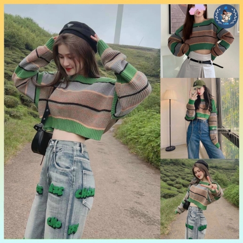 [A051] Áo len nữ Montoghi dệt kim TAY DÀI dáng CROPTOP kẻ sọc xanh HQ loại 1 chơi Đà Lạt  - L2M  (Hot)