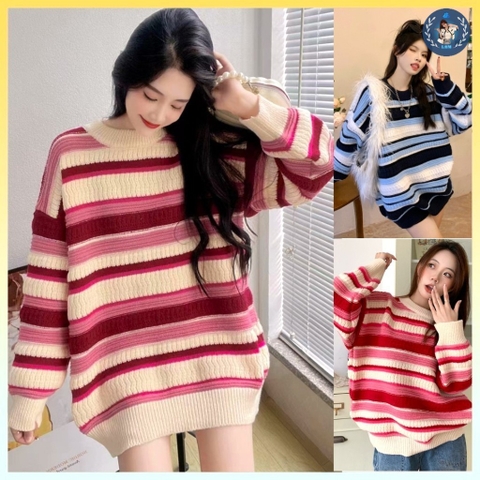 [A066] Áo len nữ Montoghi THU ĐÔNG loại 1 TAY DÀI sọc 2 MÀU HỒNG XANH DÁNG RỘNG Hàn Quốc xinh - L2M  (Hot)