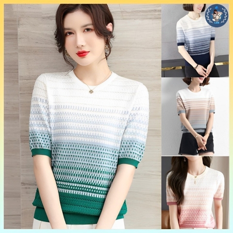 [A248] Áo len QC Montoghi dệt kim KẺ CARO TƯỜNG phối MÀU LOANG tay ngắn cổ tròn sang trọng - L2M