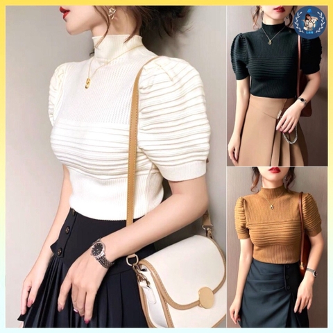 [A043] Áo len thun nữ Montoghi dệt kim CỔ LỌ 3cm tay phồng sóng ngang Quảng Châu phong cách - L2M