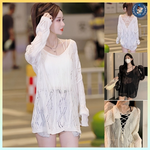 [A204] Áo LƯỚI len Montoghi dệt kim ĐAN DÂY V MẶC 2 KIỂU phom rộng Quảng Châu tay dài cá tính - L2M