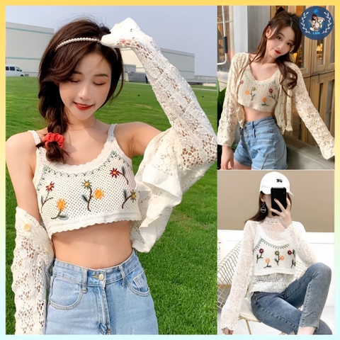 [A162] Áo 2 DÂY LƯỚI len Montoghi dệt kim THÊU HOA mặc được NHIỀU KIỂU trong ngoài siêu xinh - L2M (Sale)