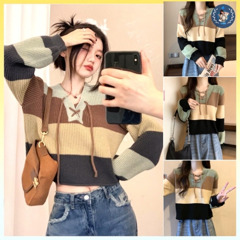 [A071] Áo len nữ Montoghi dệt kim cổ chữ V TAY DÀI có DÂY RÚT CỔ dáng rộng sọc phong cách HQ - L2M  (Hot)