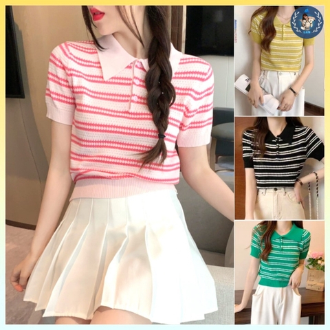 [A044] Áo len thun nữ Montoghi QC dệt kim Quảng Châu cổ phối nút SỌC NGANG GỢN SÓNG xinh xắn - L2M (Sale)