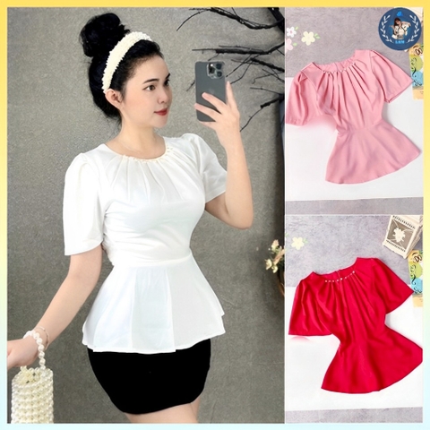 [HĐT] Áo sơ mi kiểu nữ peplum cổ tròn VẠT NHỌN TAY BÈO có chun eo giấu bụng hiệu quả - L2M (Sale)