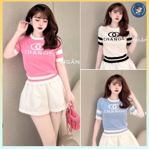 [A016] Áo len thun nữ Montoghi dệt kim Quảng Châu in chữ CHANGE ngắn tay phối sọc siêu hot - L2M (Sale)
