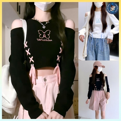 [A283] Áo len QC nữ Montoghi dệt kim THÊU HÌNH kèm THẮT DÂY phối khoét vai tay dài xinh xắn - L2M  (Hot)