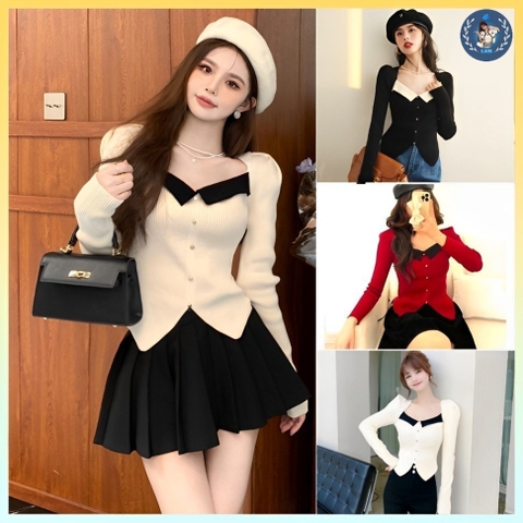 [A222] Áo len thun Montoghi dệt kim CỔ VUÔNG XẺ VẠT tay phồng phối nút Quảng Châu sang trọng - L2M  (Hot)