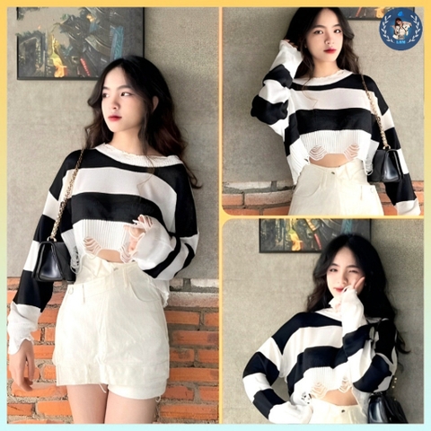 [A137] Áo len thun nữ Montoghi dệt kim mỏng KIỂU RÁCH CROPTOP kẻ sọc phong cách QC cá tính - L2M  (Hot)