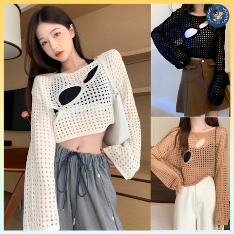 [A196] Áo LƯỚI len Montoghi dệt kim kiểu KHOÉT LỖ tay dài hàng Quảng Châu độc đáo cá tính - L2M