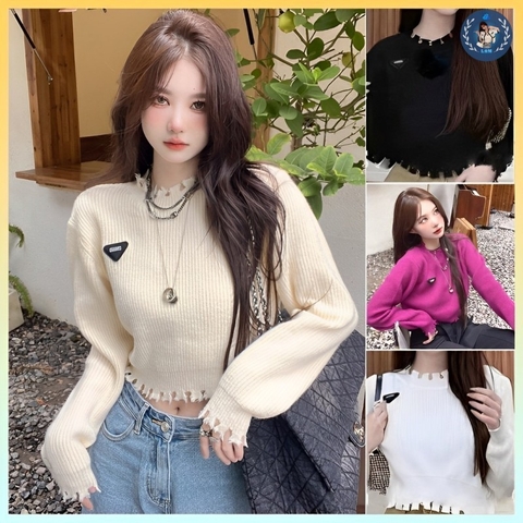 [A239] Áo len thun nữ Montoghi dệt kim CROPTOP logo TAM GIÁC phối VIỀN RÁCH tay dài cá tính - L2M  (Hot)