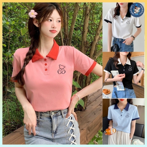 [A231] Áo len thun nữ Montoghi dệt kim logo GẤU TRƠN cổ polo phối nút QC nhẹ nhàng xinh xắn - L2M (Sale)