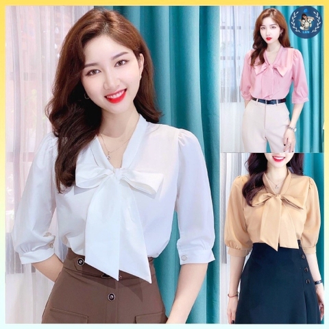 [A025] Áo sơ mi kiểu nữ kate lụa tay lửng CỘT NƠ CỔ siêu xinh và thanh lịch - L2M (Sale)