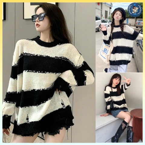 [A210] Áo len thun nữ Montoghi dệt kim kiểu DÁNG DÀI PHỐI RÁCH kẻ sọc phong cách năng động - L2M