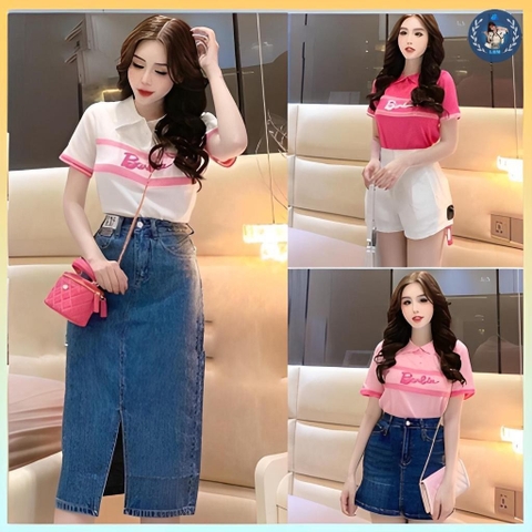 [A006] Áo len thun nữ Montoghi dệt kim Quảng Châu CỔ POLO in chữ Barbie xinh và thanh lịch - L2M (Sale)