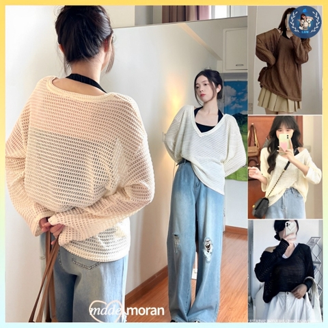 [A195] SET (2 MÓN) áo len dệt kim Montoghi kiểu YẾM MIX áo LƯỚI DÀI CỔ V thời trang sành điệu - L2M  (Hot)