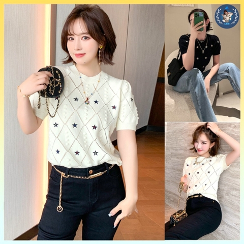 [A203] Áo len thun Montoghi dệt kim thêu SAO BIỂN tay ngắn phối gân quả trám độc đáo xinh xắn - L2M