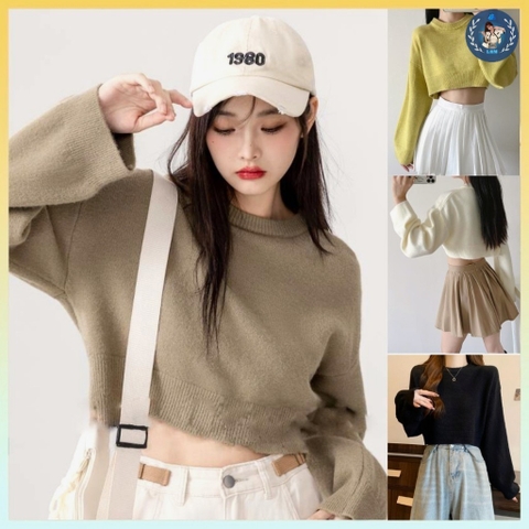 [A247] Áo len Montoghi dệt kim LÔNG THỎ cổ tròn CROPTOP mềm mịn tay dài Quảng Châu xinh xắn - L2M  (Hot)