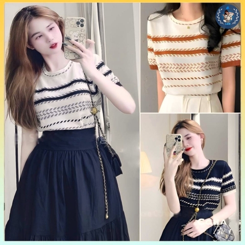 [A122] Áo len thun nữ Montoghi dệt kim họa tiết XƯƠNG CÁ tay ngắn độc đáo phong cách Hàn Quốc - L2M (Sale)