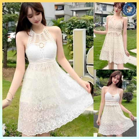 [A271] Áo len liền VÁY dệt kim PHỐI REN ĐI BIỂN có mút đệm thời trang QC mùa hè xinh xắn - L2M (Sale)