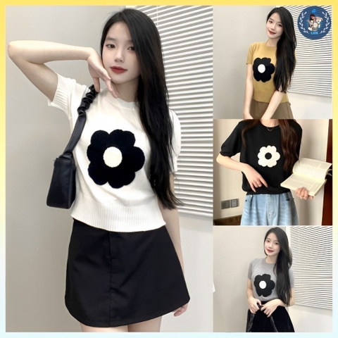 [A234] Áo len nữ Montoghi dệt kim HOA ĐƠN GIẢN màu trơn tay ngắn dễ thương hàng Quảng Châu - L2M  (Hot)