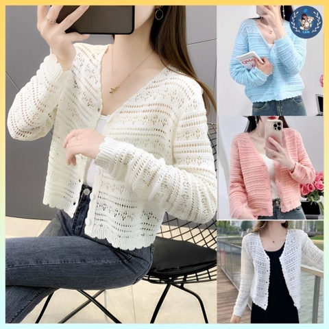 [A207] Áo khoác len LƯỚI HOA CHẤM tay dài dệt kim mỏng nhẹ mặc 2 kiểu Quảng Châu dễ phối đồ - L2M  (Hot)